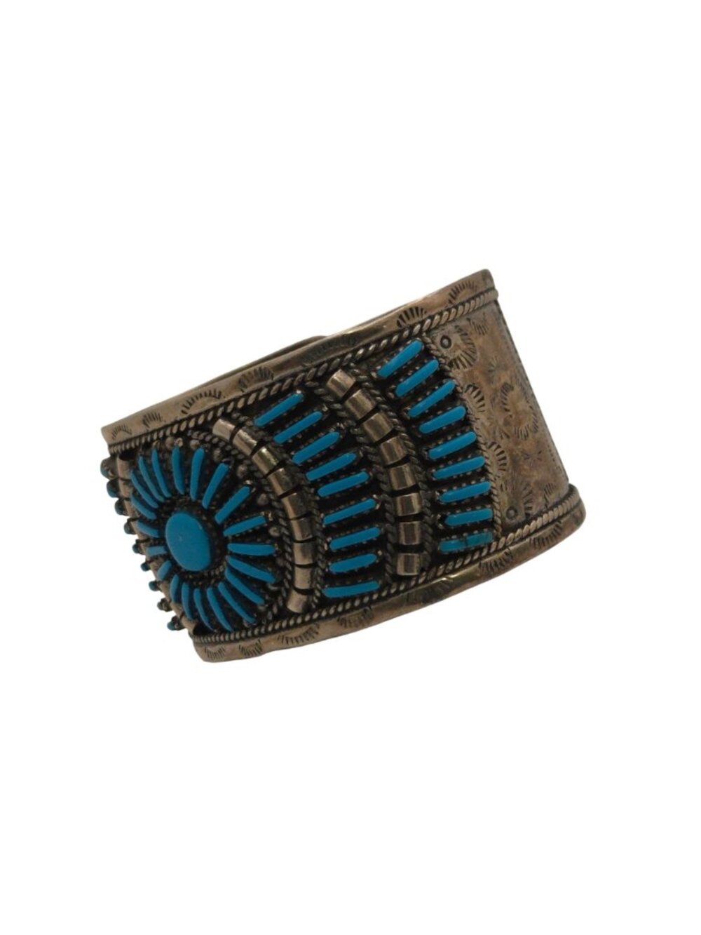 Vintage Zuni Petit Point Sterling Silver Cuff Bracelet Turquoise & Engraved 50g - Picture 9 of 11